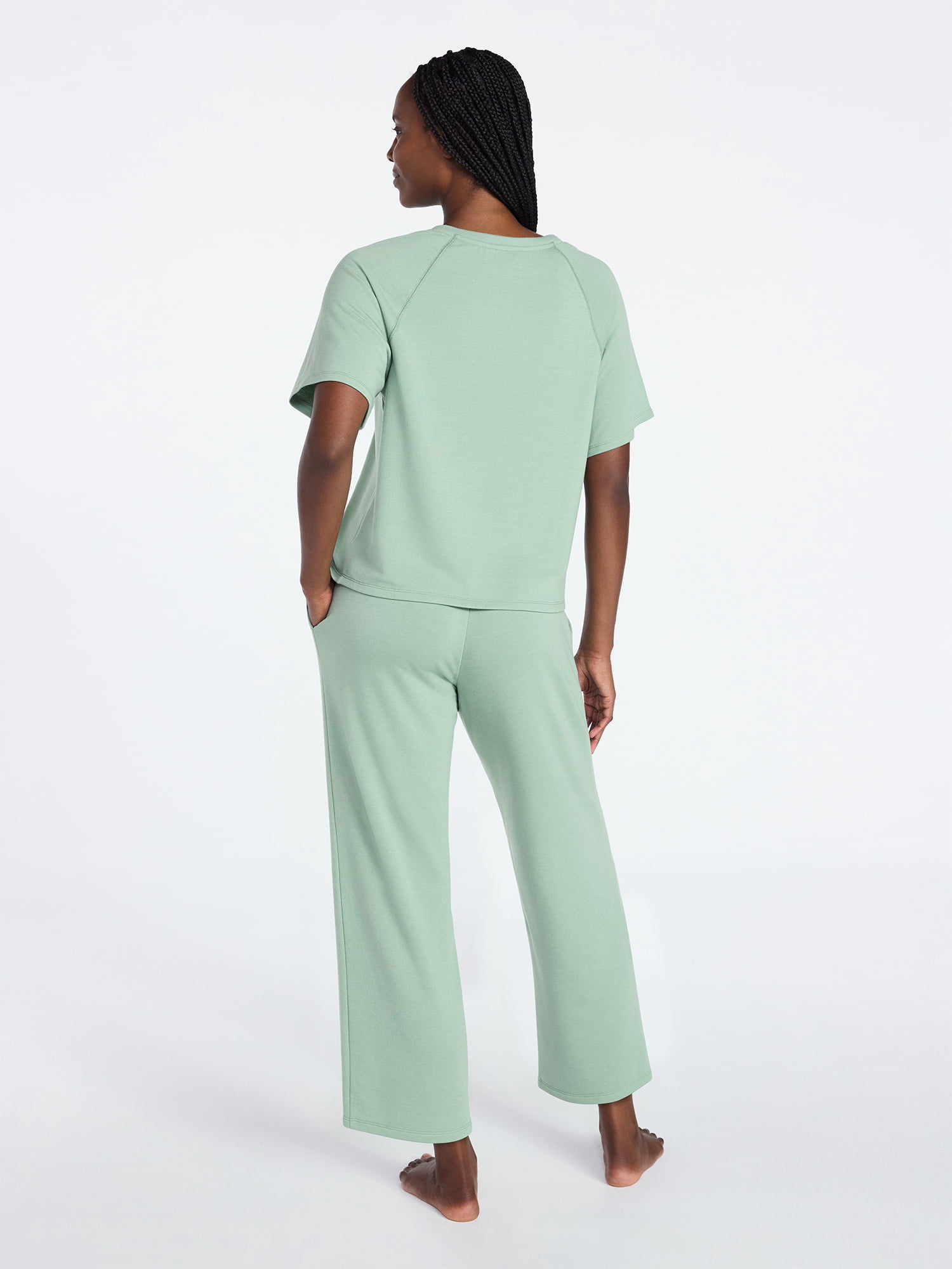 Joyspun Women's French Terry Lounge Sleep Short Sleeve Top and Capri Pants Set, 2 Piece, Sizes XS-3X