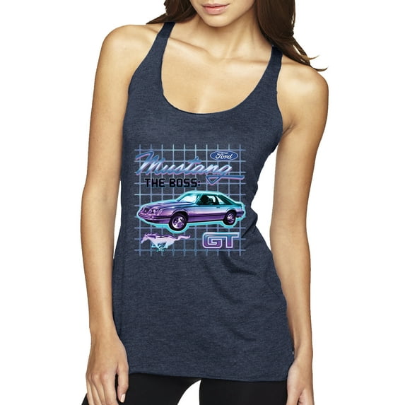 Ford Mustang GT The Boss Retro Neon Vintage | Womens Cars and Trucks Premium Tri-Blend Racerback Tank Top, Vintage Navy, Medium