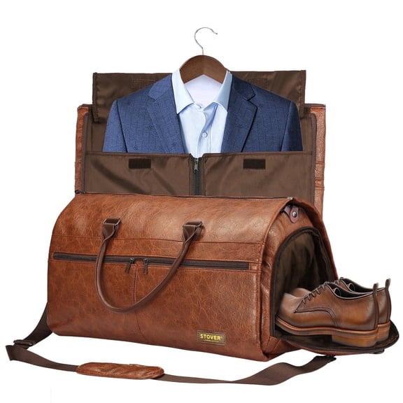 STOVER Garment Travel Duffle Bag, Large 2-in-1 Convertible Carry-on Luggage (Brown Leatherette)