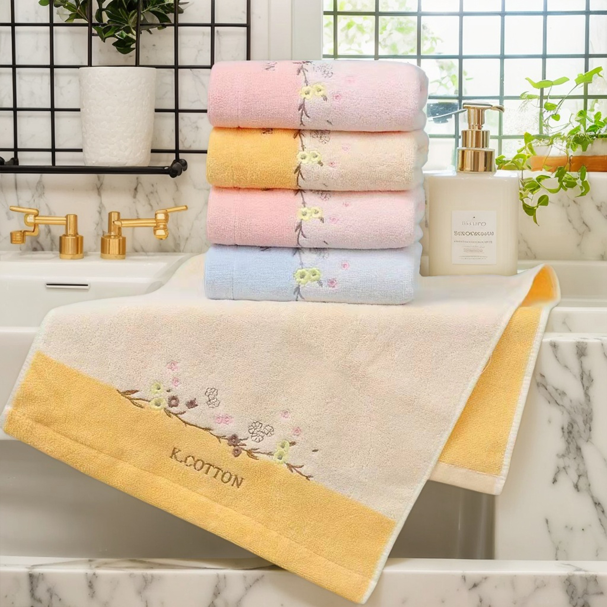 Unique Bargains Floral Embroidered Cotton Bathroom Hand Towels Pink 2-Piece