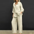 thumbnail image 2 of Jinhomg Plus Size 2 Piece Sets for Women Casual Cotton Linen Outfits Long Sleeve Button Down Tops Wide Leg Pants Solid Outfits Beige,L, 2 of 7