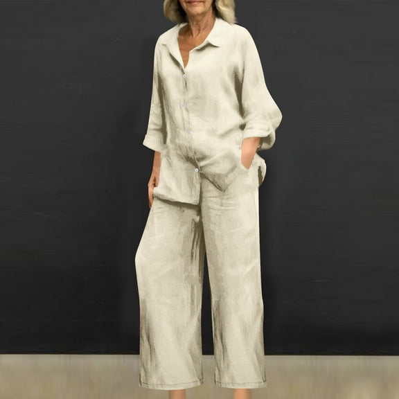 Roncen Women's Solid Color Shirt & Wide Leg Pants Set - Spring Summer Casual Turn-Down Collar Short Sleeve Tops with Pockets & Comfortable High Waist Trousers