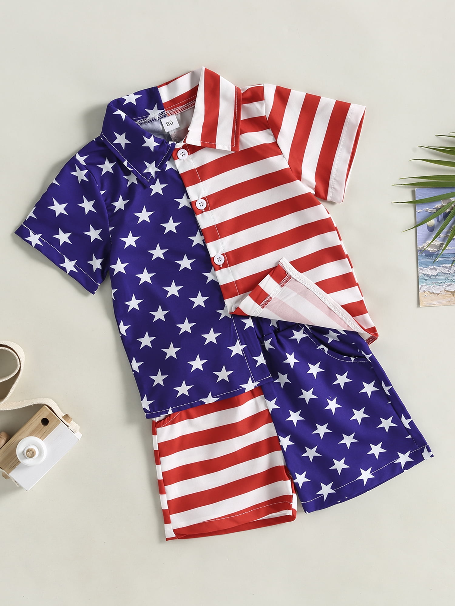 Independence Day 2pcs Baby Boy Striped Short-sleeve Shirt and Stars Print Shorts Set