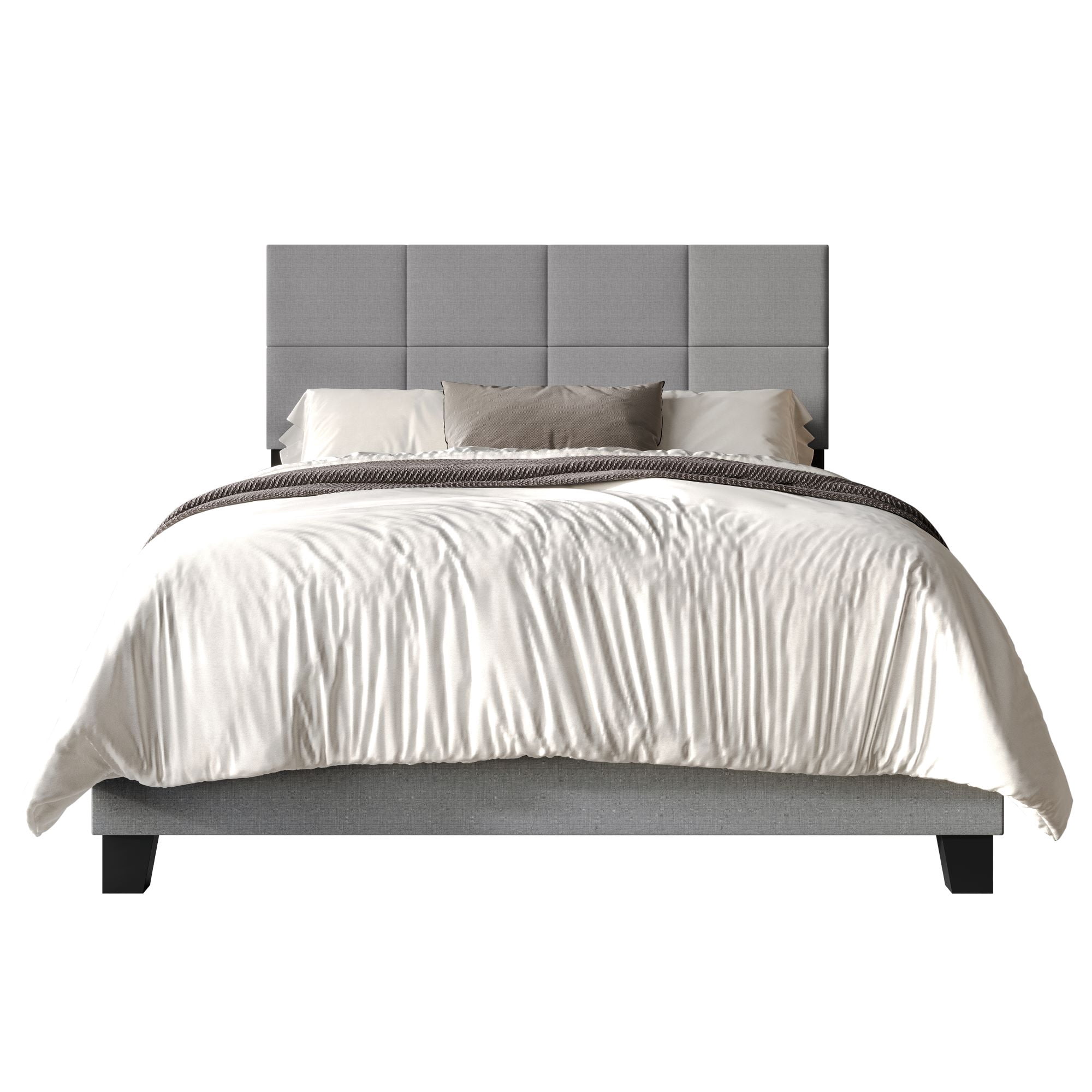 Home Design Lufkin Twin Upholstered Panel Bed Frame with Checkered Tufted Headboard & Foam-Filled Comfort, Gray, Easy Assembly