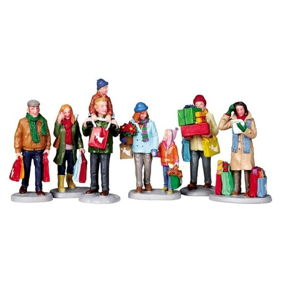 Christmas Shoppers Miniature Figures - 6 Pink Resin Holiday Decor - 8.5cm Village Scene Collectibles - 2010 Edition
