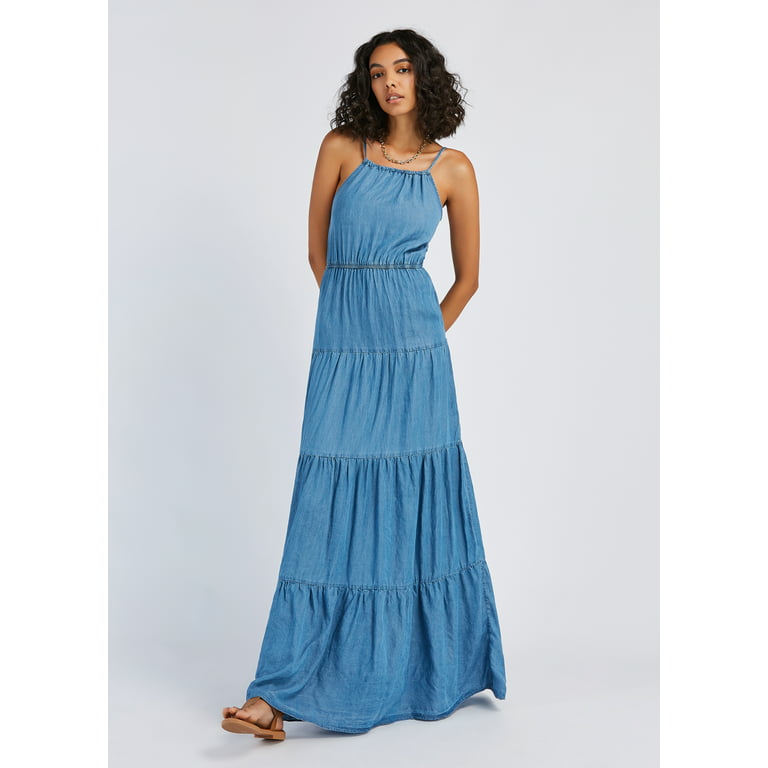 Long Dress,Light MECALA Dress Spaghetti Sleeveless Denim Beach Dress Women Strap Layered Maxi Cami Blue,S