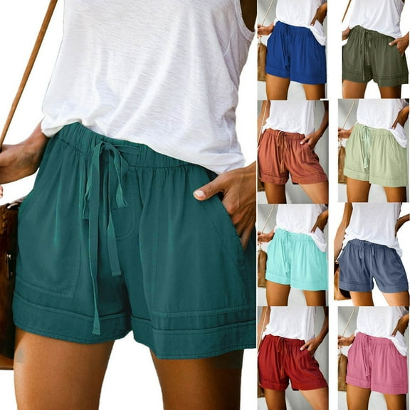 Women Casual Summer Beach Shorts Elastic Waist Drawstring Lightweight Loose Plus Size Short with Pockets