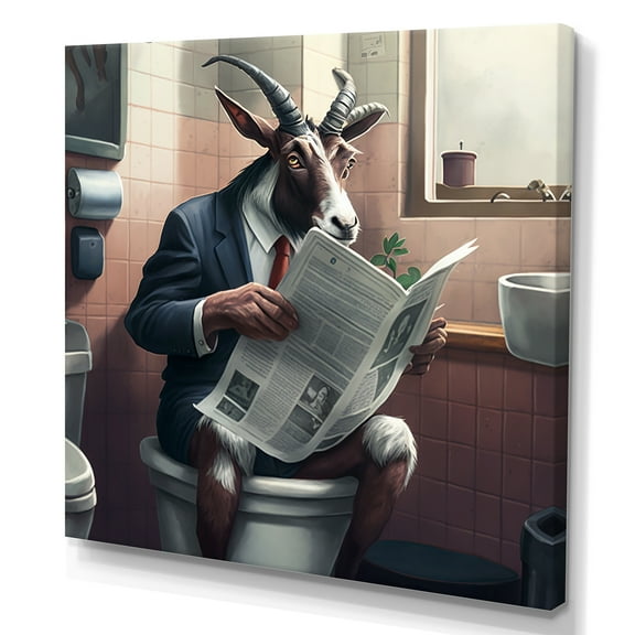 Designart Goat On Toilet Reading News Canvas Wall Art