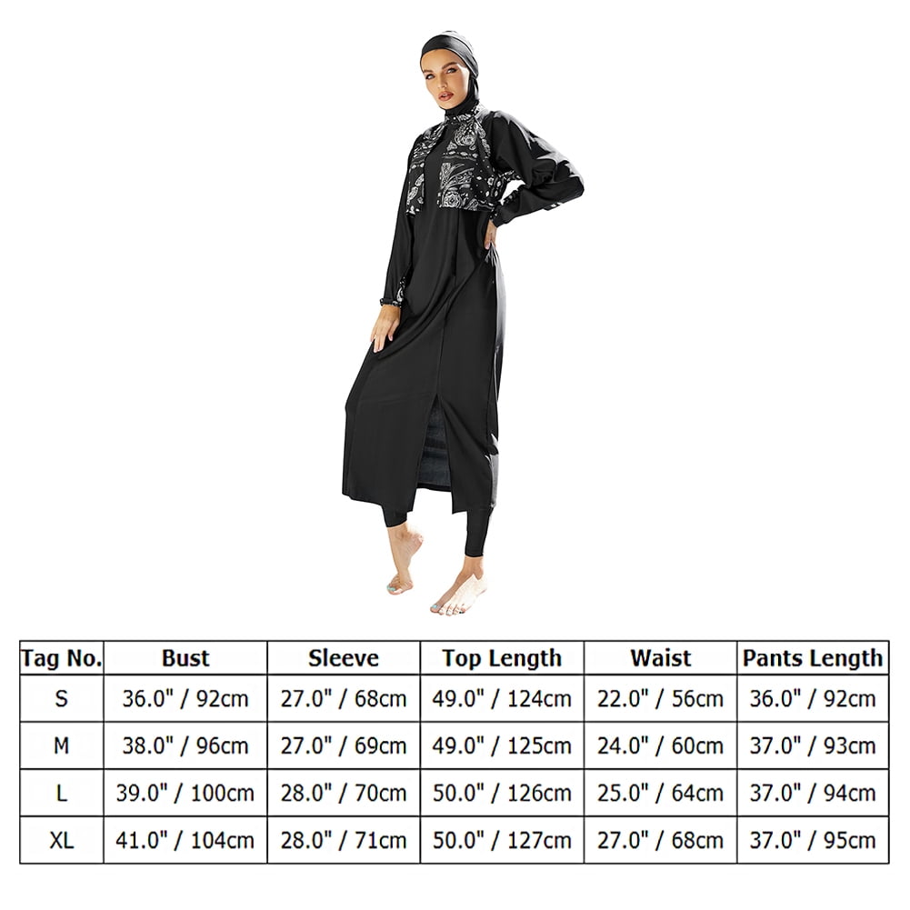 IBTOM CASTLE Muslim Swimsuits for Women Modest Islamic Arabic Swimwear Burkini Full Cover Hijab Top Pants Swimming Cap Bathing Suits S Black - Split Hem