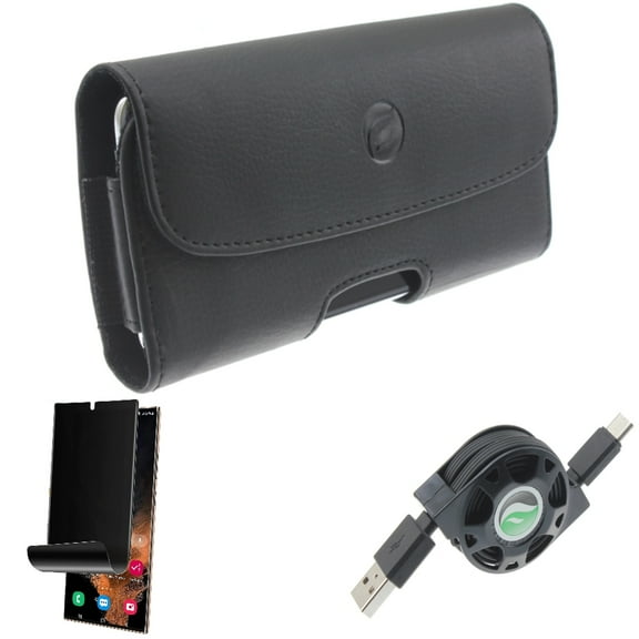 Case Belt Clip & USB Cable & Privacy Screen Protector for Samsung Galaxy S22 Ultra (6.8") - Combo Leather Holster Cover & Retractable Type-C Charger & TPU Film (Fingerprint) Anti-Peep