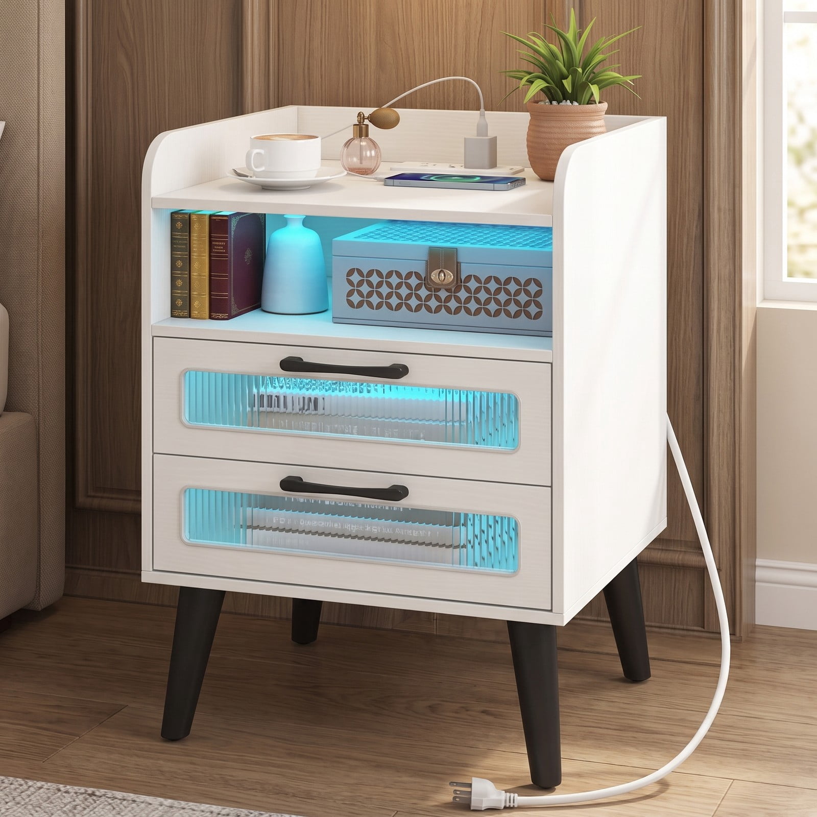 Furnibear Mid Century Nightstand with Charging Station and LED Lights, Bedside Table with 2 Drawers and Open Shelf for Bedroom, White