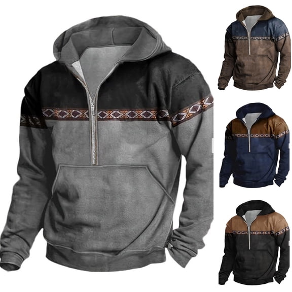 Mens Western Aztec Navajo Print Quarter Zip Hoodie Heavyweight Fleece Lined Muscle Fit Long Sleeve Pullover Sweatshirt Kangaroo Pocket Drawstring Hood Warm Fall Winter Streetwear Gray XL