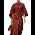 thumbnail image 1 of Vestido Elegante de Cóctel para Mujer, con Mangas Murciélago, Liso, Informal, Holgado, Fruncido, con Abertura, Midi y Cinturón. Marrón M, 1 of 3