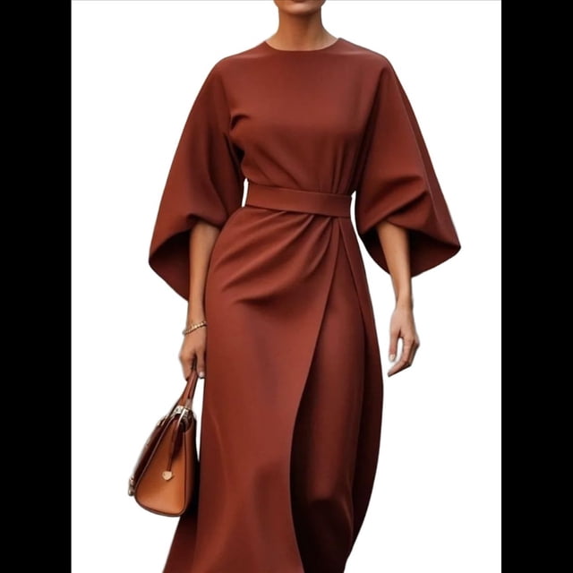 Vestido Elegante de Cóctel para Mujer, con Mangas Murciélago, Liso, Informal, Holgado, Fruncido, con Abertura, Midi y Cinturón. Marrón M