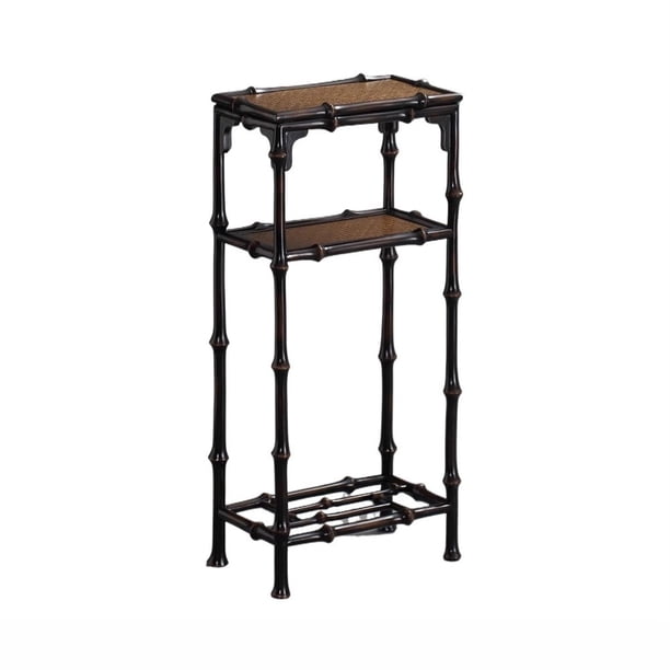Estantería de flores de tres niveles estilo chino, de bambú, for bonsáis en el suelo de la sala de estar.