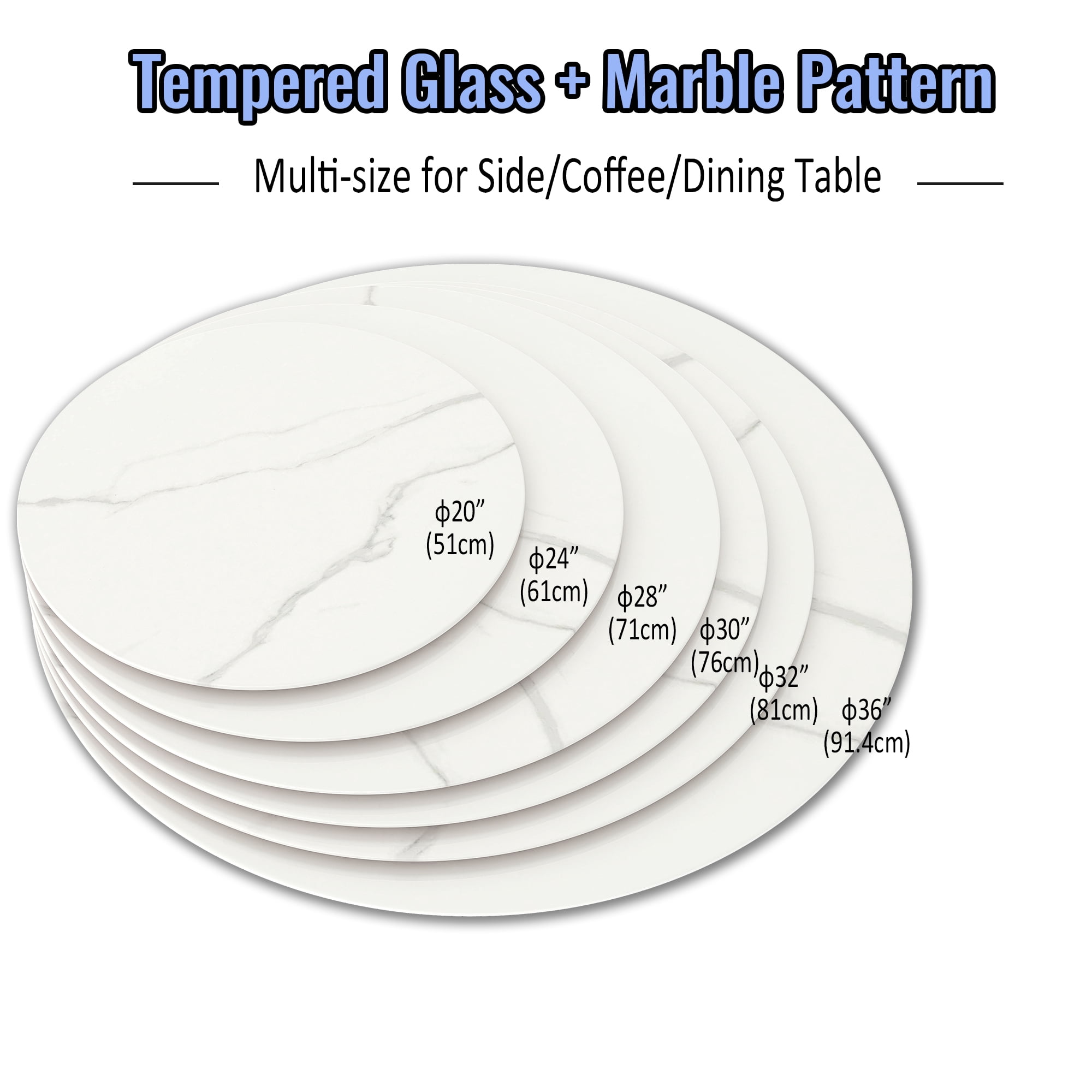 Round Glass Table Top, 32 Inch Marble Pattern Tempered Glass Replacement Desktop for Indoor Outdoor Patio Home Furniture, White