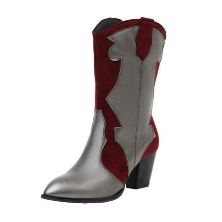

Boots for Women Autumn And Winter New Pointed Thick High-heel Color Stitching Mid-boots