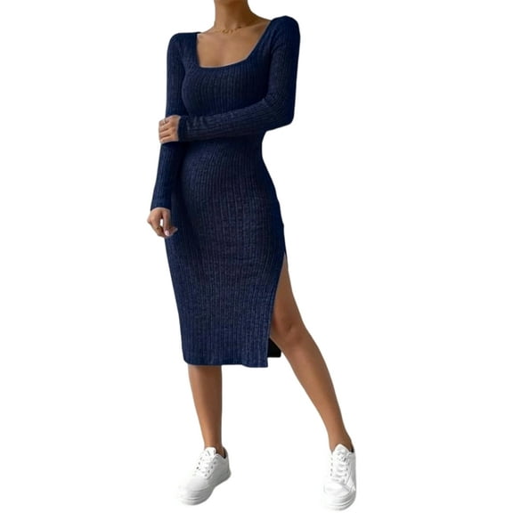 Women'S Autumn Dress 2 Long Sleeve Square Neck Knit Midi Beach Resort Dress Slit Slim Maxi Dress Royal Blue L