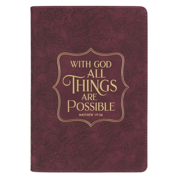 Christian Art Gifts Classic Journal With God All Things Are Possible Matthew 19:26 Bible Verse, Inspirational Scripture Notebook, Ribbon Marker, Burgundy Vegan Leather Flexcover, 336 Ruled Pages