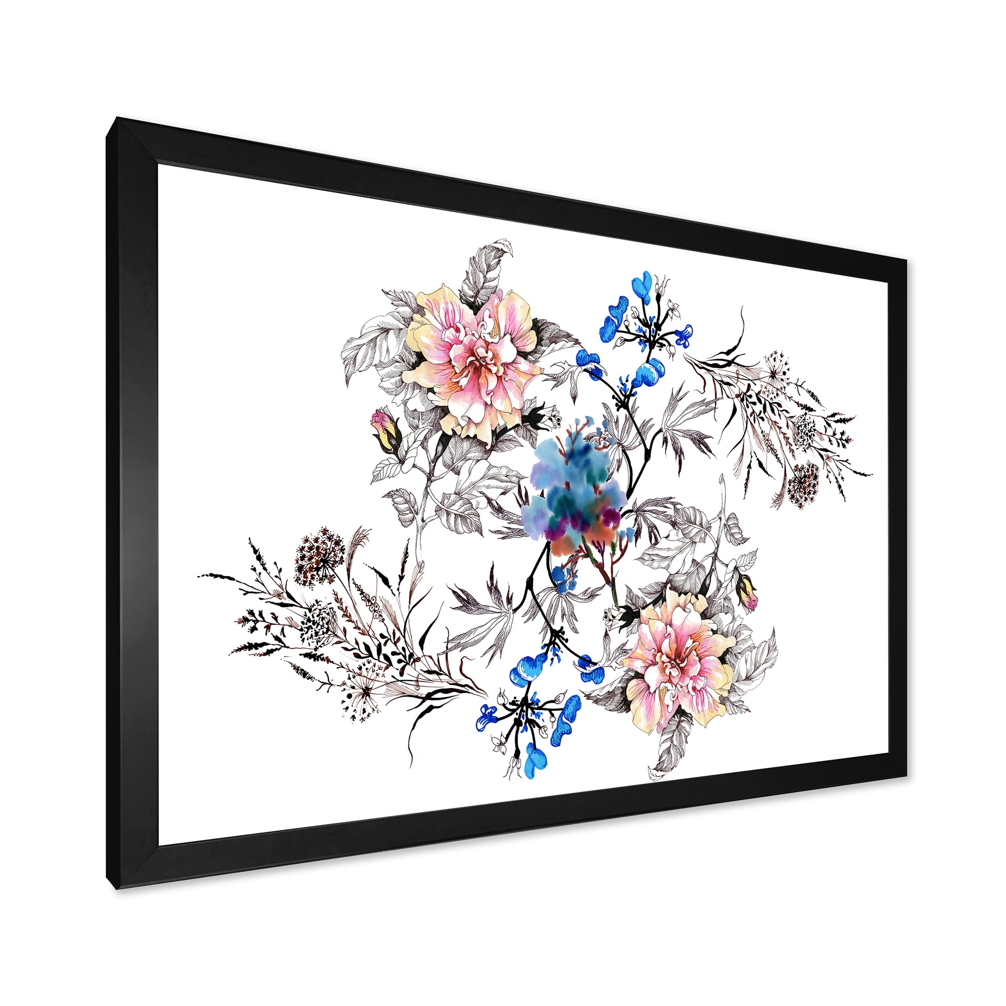 Designart 'Pink and Blue Wildflowers' Traditional Framed Art Print