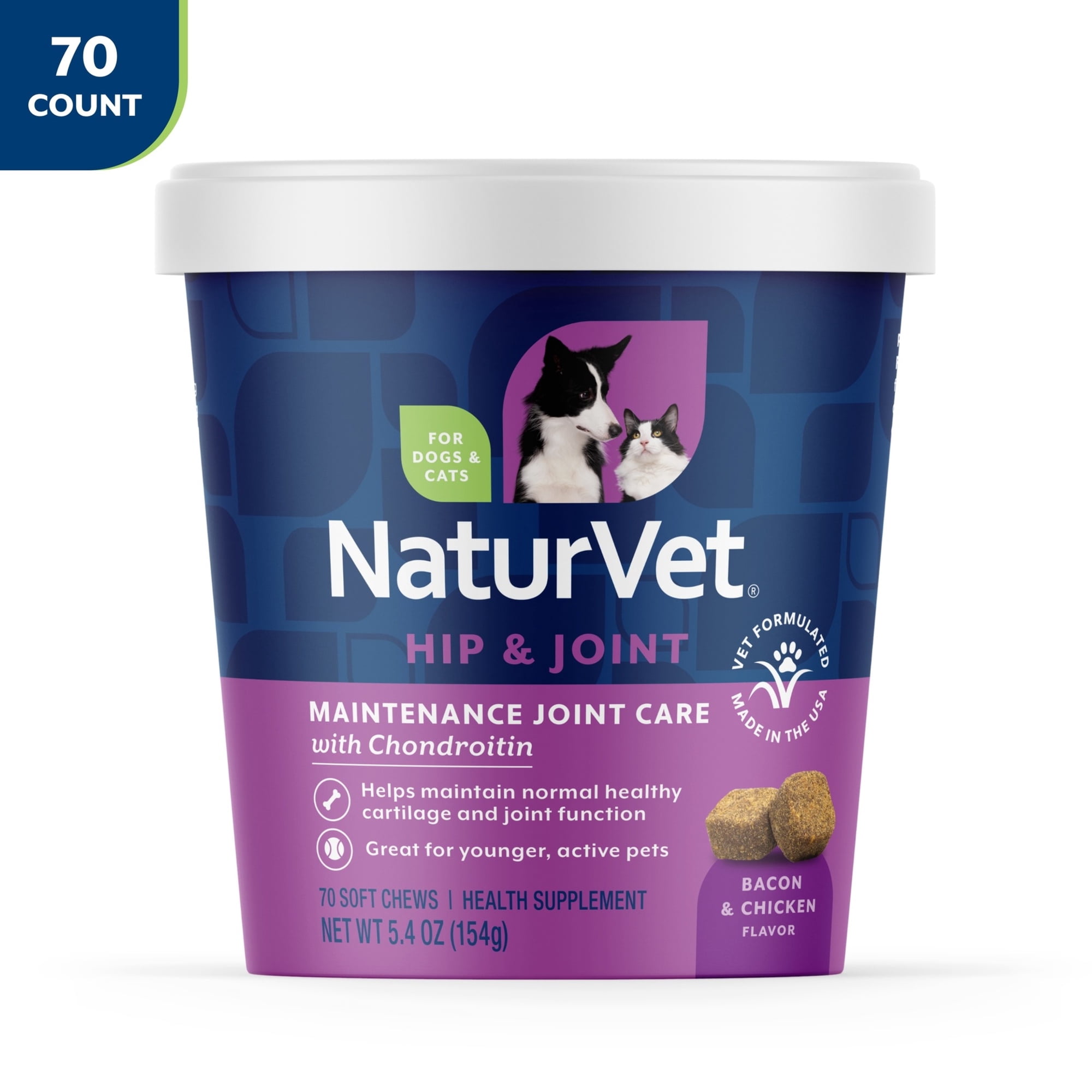 NaturVet Maintenance Joint Care Hip & Joint Supplement for Dogs and Cats, Bacon and Chicken Flavor, 70 Count