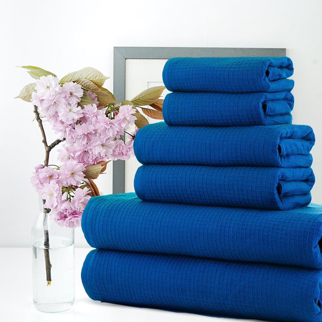 CASA COPENHAGEN Waffle Towel, 6Pieces 100% Cotton Large Towel Set- Electric Blue, 2Bath 2Hand 2Washcloths Instant Absorb and Dry, Soft Strong Towels for Hotel Spa Kitchen Bathroom & Shower