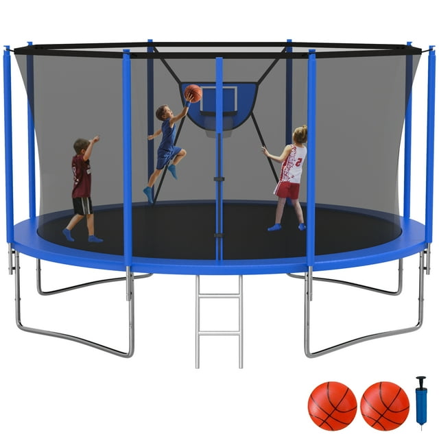 KOFUN Trampoline with Basketball Hoop, 1500lbs 10FT 12FT 14FT 16FT Trampoline for Adults and Kids, No Gap Design Backyard Trampoline with Enclosure Net, Ladder, Blue