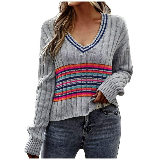 Blusa adelgazante de empalme de punto de manga larga para mujer Suéteres con cuello en V Pompotops hdfakjf11554