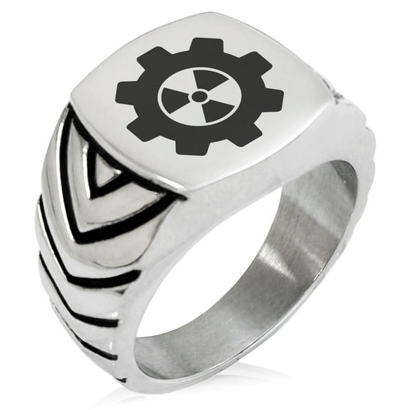 Stainless Steel Radioactive Gear Chevron Pattern Biker Style Polished Ring