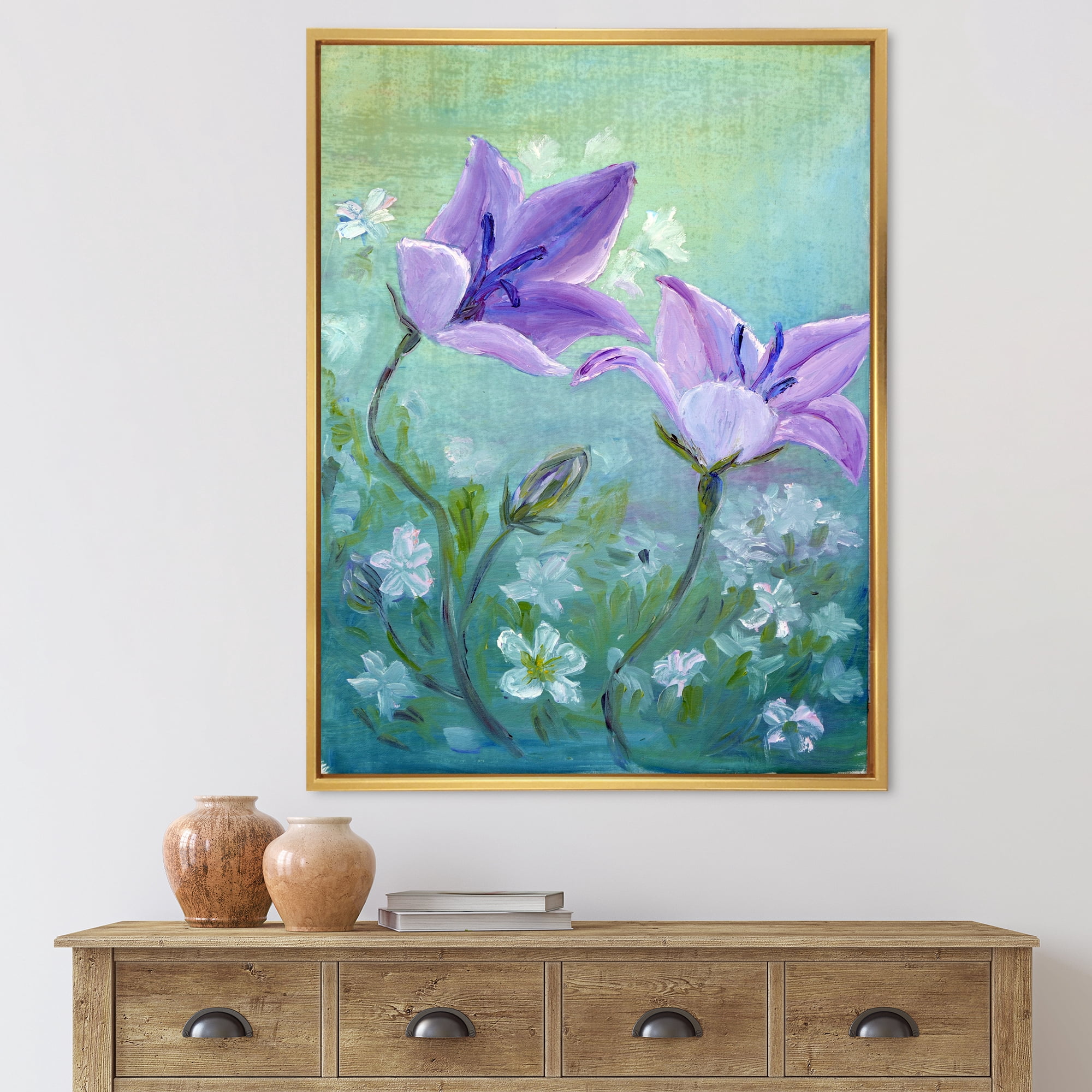 Purple Bellflowers Blooming 24 in x 32 in Framed Painting Canvas Art Print, by Designart