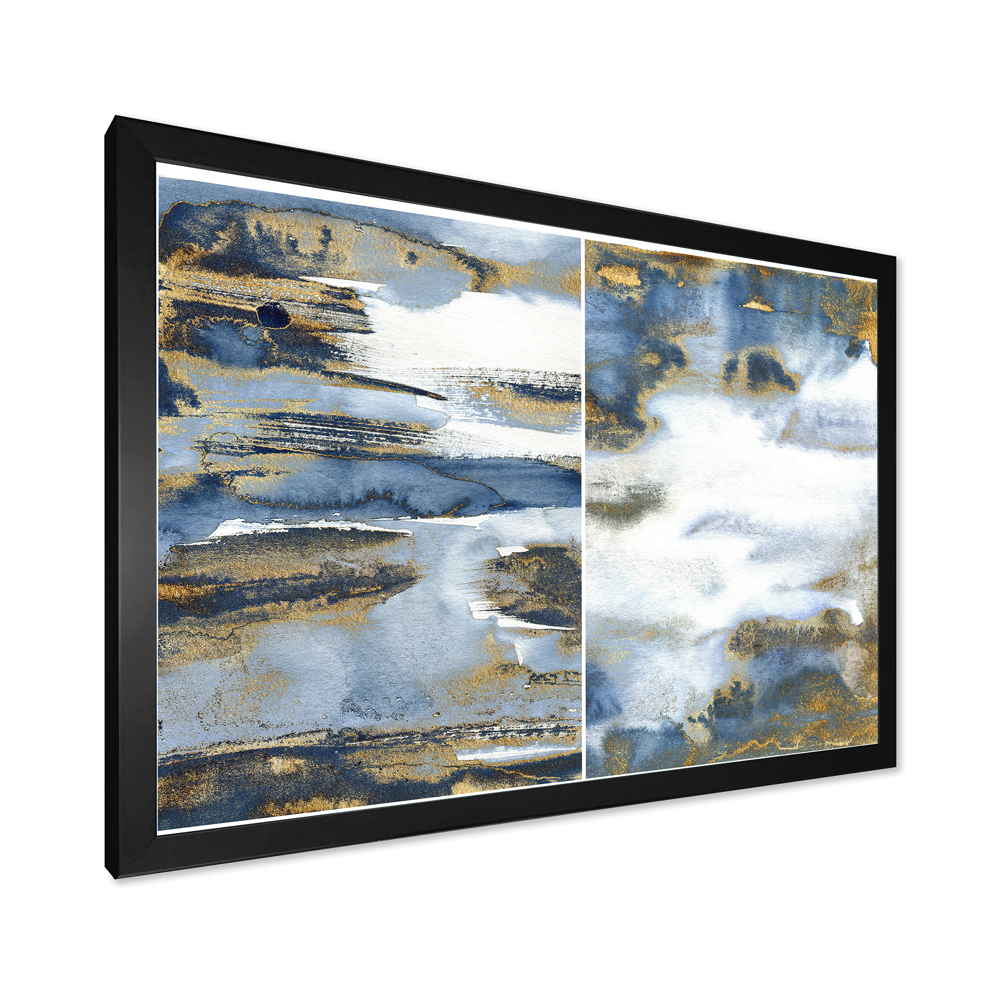 Designart 'Gold and Dark Blue Abstract Waves III' Modern Framed Art Print