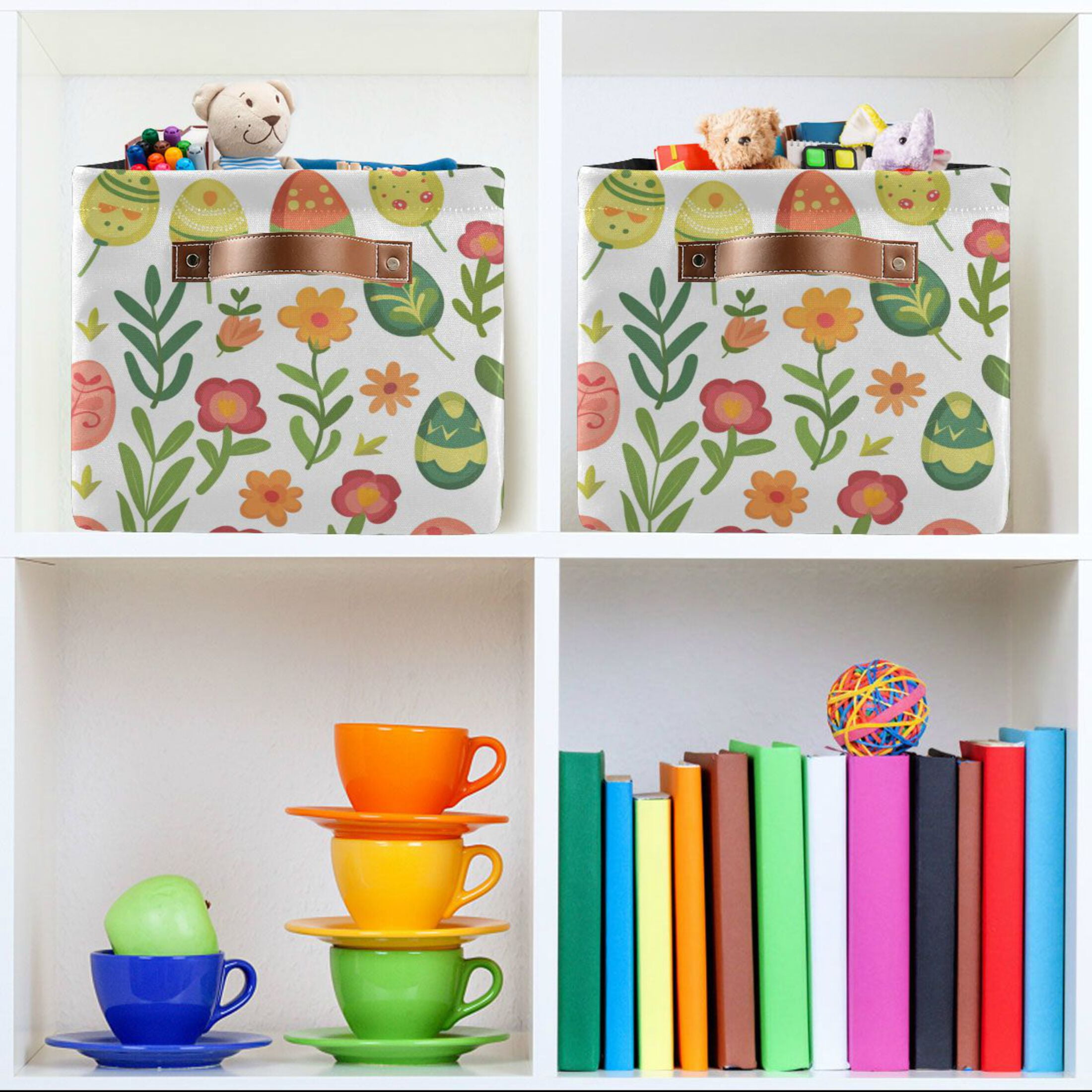Flower and Easter Eggs Storage Bins with Handle Fabric Organizer Basket Foldable Box 2 Pack 14.2x10.2x8.3