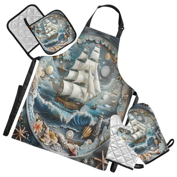 5 Pcs Kitchen Set Heat Resistant Oven Mitts and Non-Slip Pot Holders with Adjustable Cooking Apron Ship on Sea and Shell
