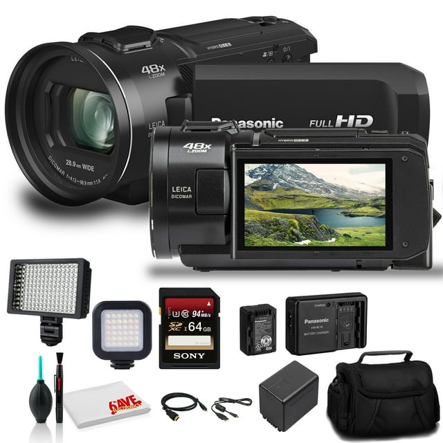 Videocámara Panasonic HC-V800 Full HD (HC-V800K) - Bolsa - con Kit de Batería y Cargador Panasonic + Luz de Video LED + Tarjeta de Memoria de 64 Gb + Bolsa Blanda + Set de Limpieza