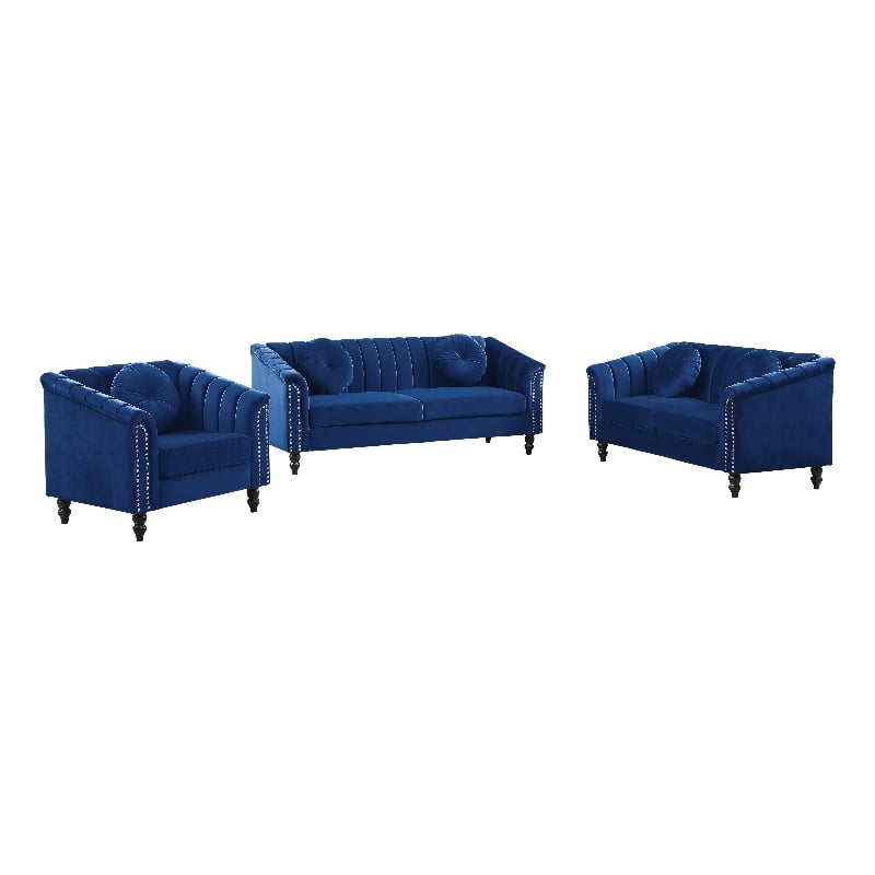 Jessica 3 Pieces Blue Microfiber Living Room Set Modern Velvet Sofa Set