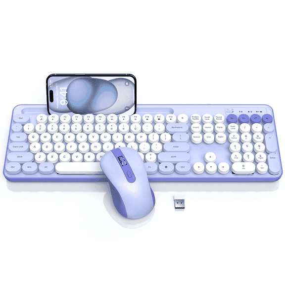 Wagpak Wireless Keyboard and Mouse Set, Purple, New, Retro with Phone Holder - Soft Clicks & Convenient Design for Work and Study