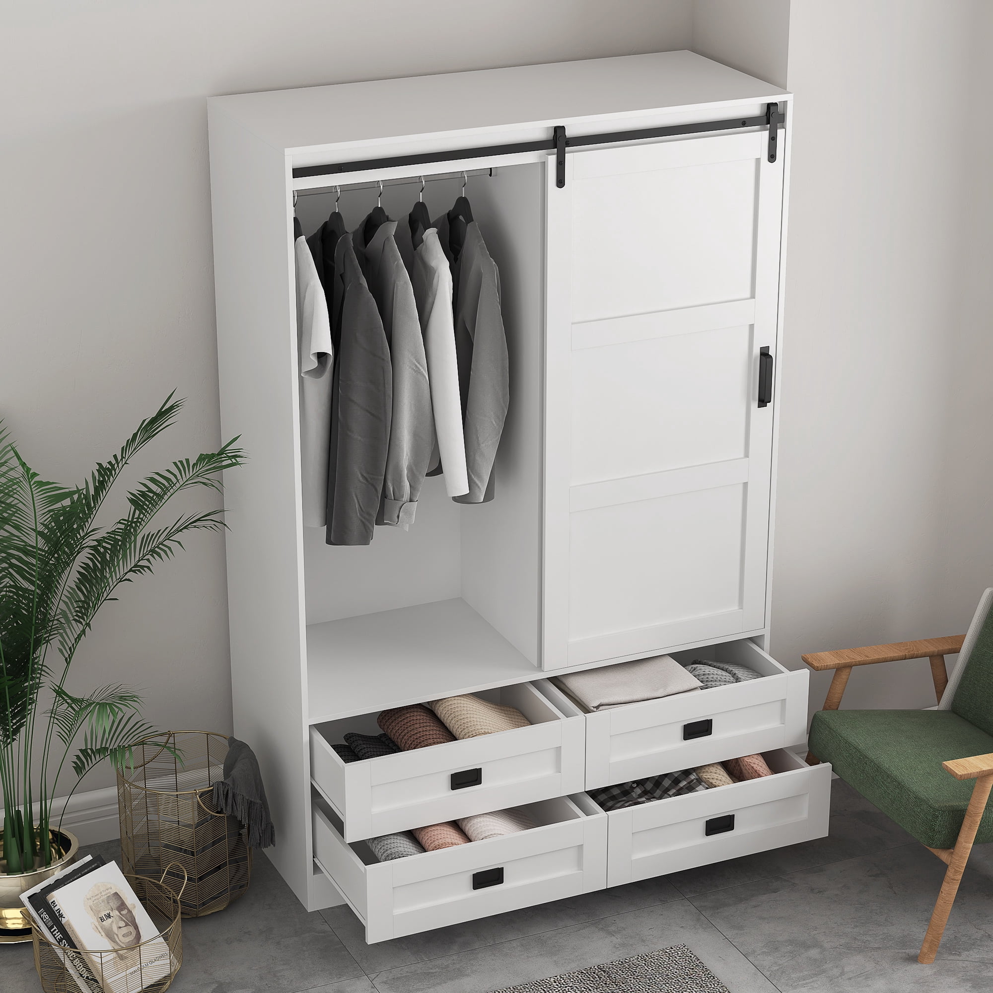 Aukfa Wood Armoire Wardrobe Closet,Clothing Storage Cabinet with Drawers,Hanging Rod & Barn Door,White