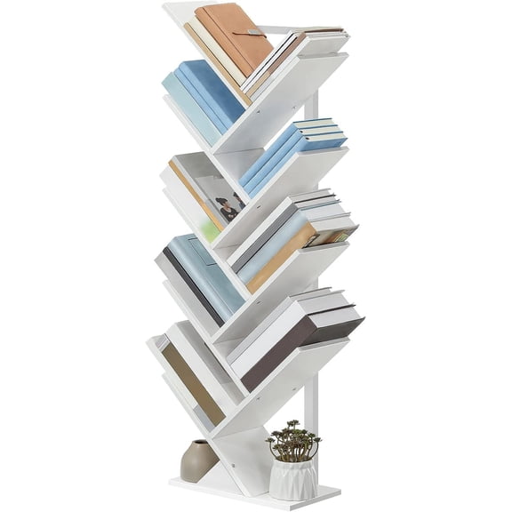 HOOBRO Tree Bookshelf, 9-Tier Bookcase Wooden Shelves, Floor Standing Storage Rack, for Display of CDs, Books in Living Room, Home Office, Wood Storage Rack for Bedroom, White WT08SJ01G1