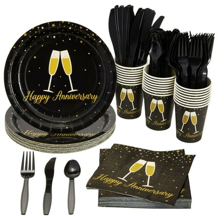 144-Piece Happy Anniversary Party Decorations and Supplies Includes Plates Napkins Cups and Cutlery Bulk Set for Wedding Work or Milestone Anniversaries (Serves 24 Guests) 144-Piece Happy Anniversary Party Decorations and Supplies Includes Plates Napkins Cups and Cutlery Bulk Set for Wedding Work or Milestone Anniversaries (Serves 24 Guests)