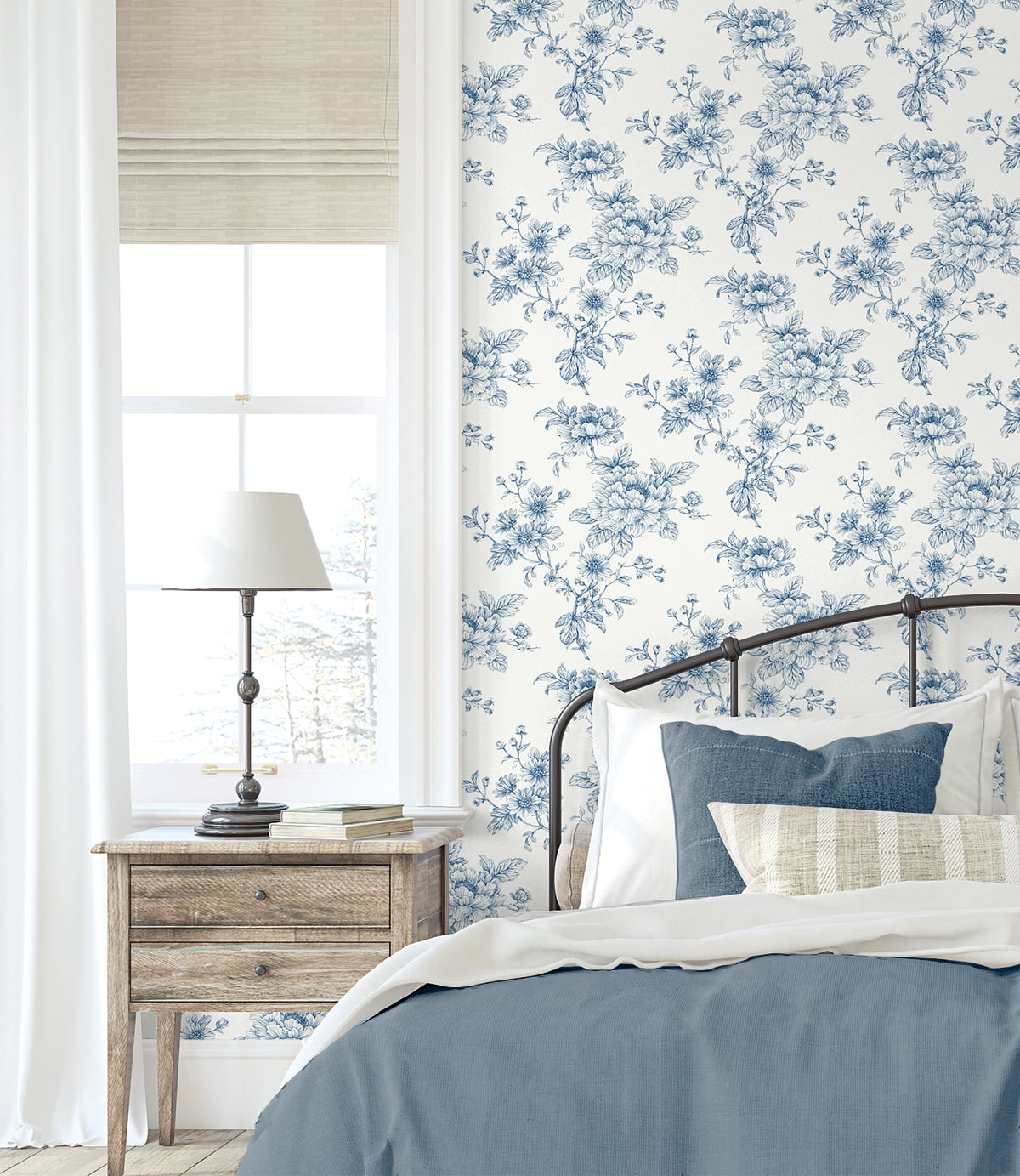 NextWall Blue Sketched Floral Peel and Stick Wallpaper
