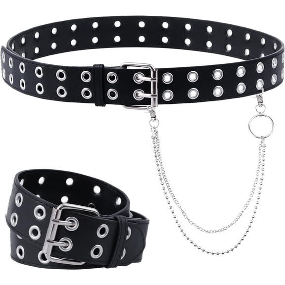 Double Grommet Leather Belt with Detachable Chain Women Men