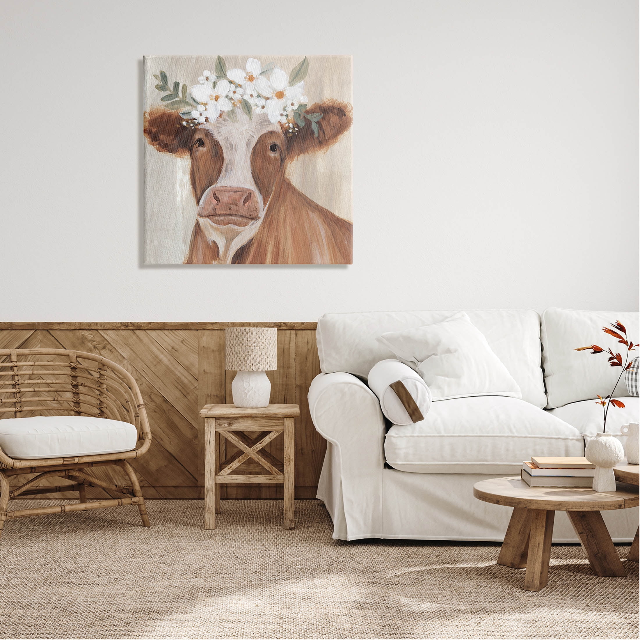 Brown Cattle Floral Bloom Crown Animals & Insects Graphic Art Gallery Wrapped Canvas Print Wall Art