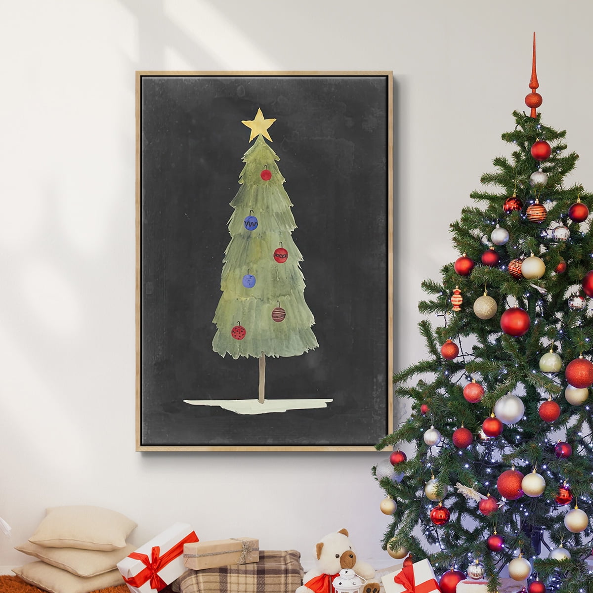 Christmas Glow II - Framed Gallery Wrapped Holiday Canvas - 27 x 41 - Natural Wood Frame