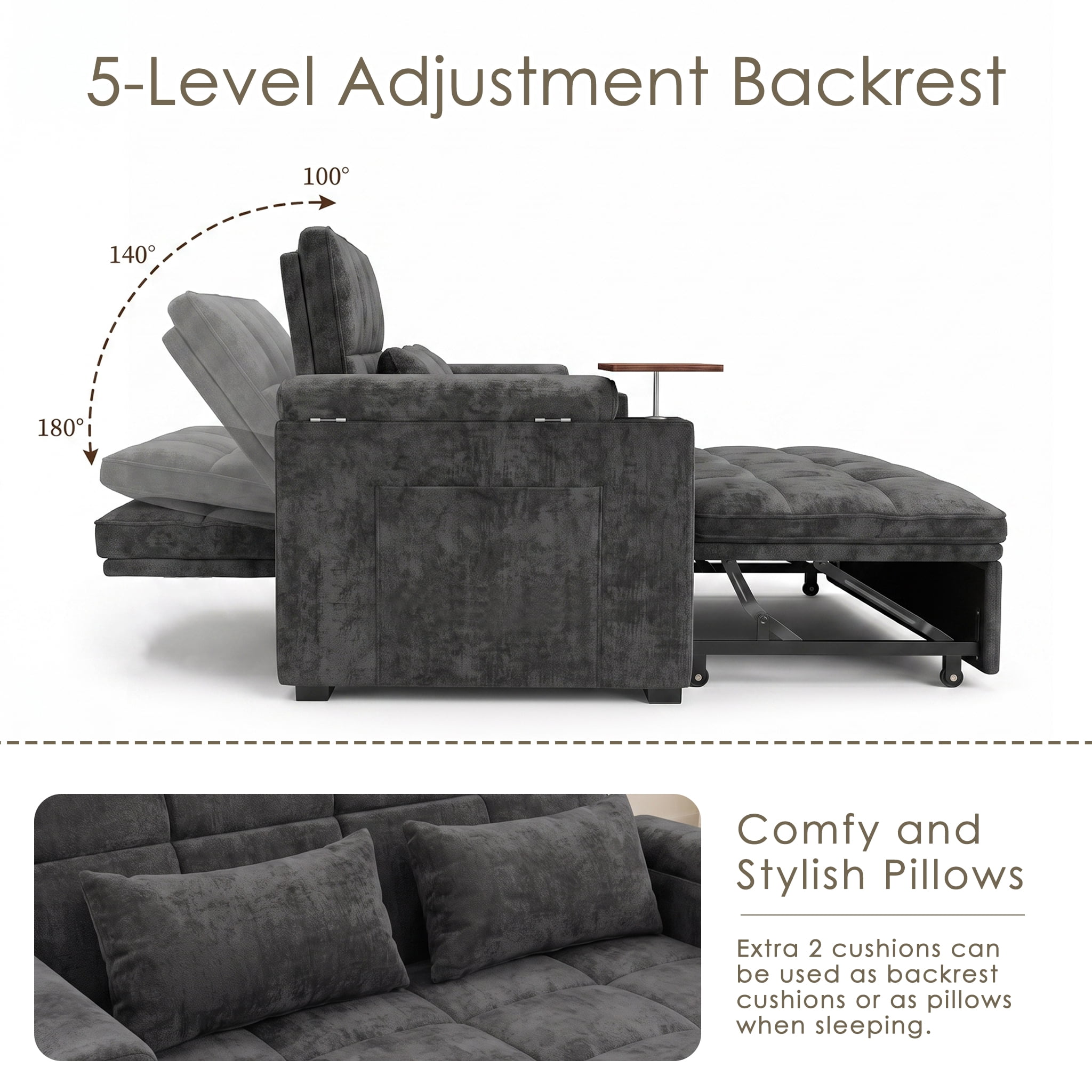 AISWORD 65" 3‑in‑1 Pull‑Out Sleeper Sofa Bed, Chenille Convertible Loveseat with USB Port, Rotating Side Table, Cup Holders for Small Spaces, Dark Gray