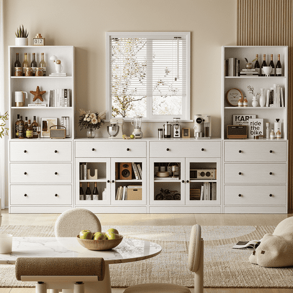 RichYa 4Pcs Kitchen Pantry Storage Cabinet,Modular Furniture Cabinets with Drawers,Hutch Buffet Cabinet with Display Glass Doors for Dining Room,White