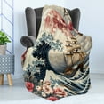 thumbnail image 3 of Ambesonne Nautical Fleece Throw Blanket Floral Japanese Wave Moon 50"x70" Blue Pink Eggshell, 3 of 5