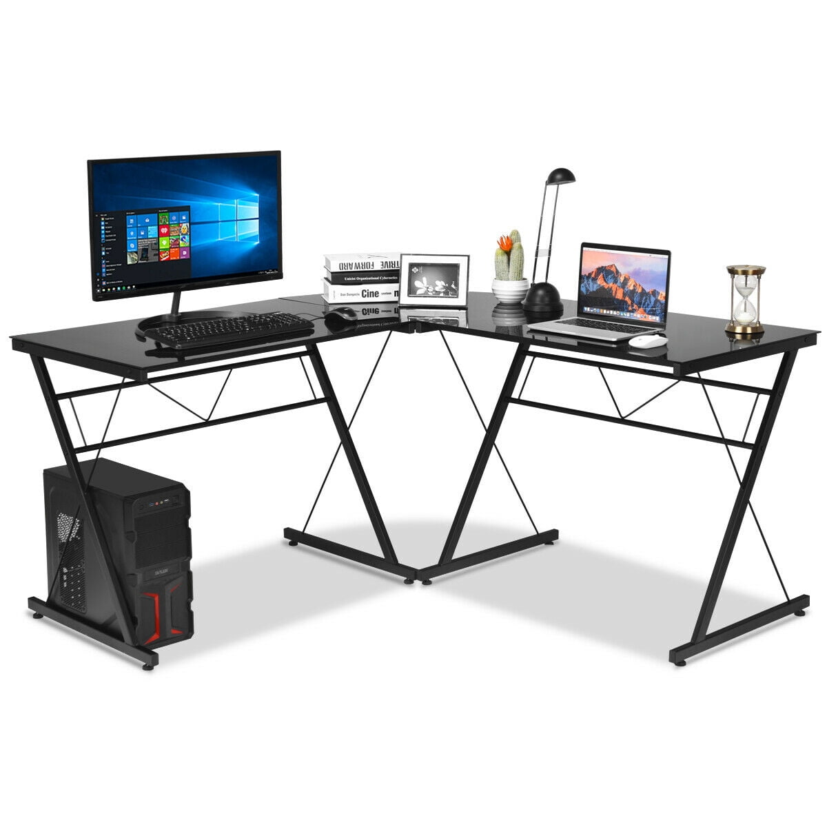 Gymax L Shape Computer Desk Tempered Glass Laptop Table Workstation Corner Home Office