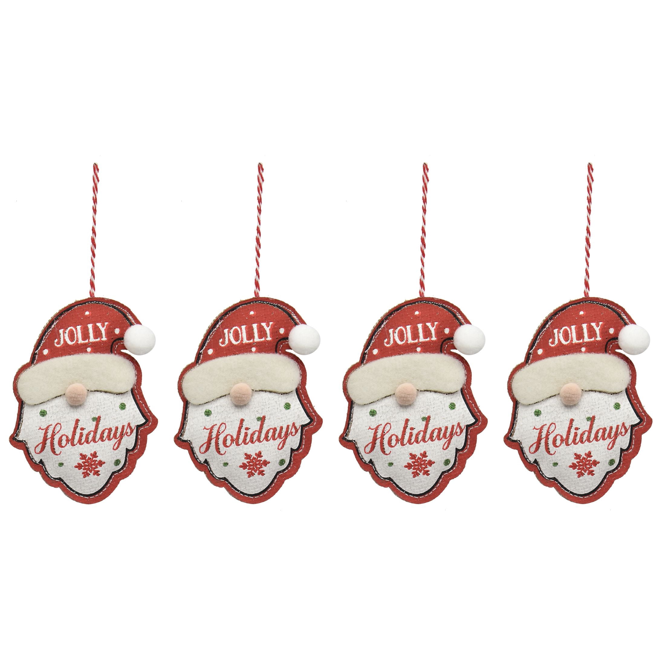 Holiday Time 4ast Red and White Santa Snowman Gnome Pattern Burlap Ornament Set