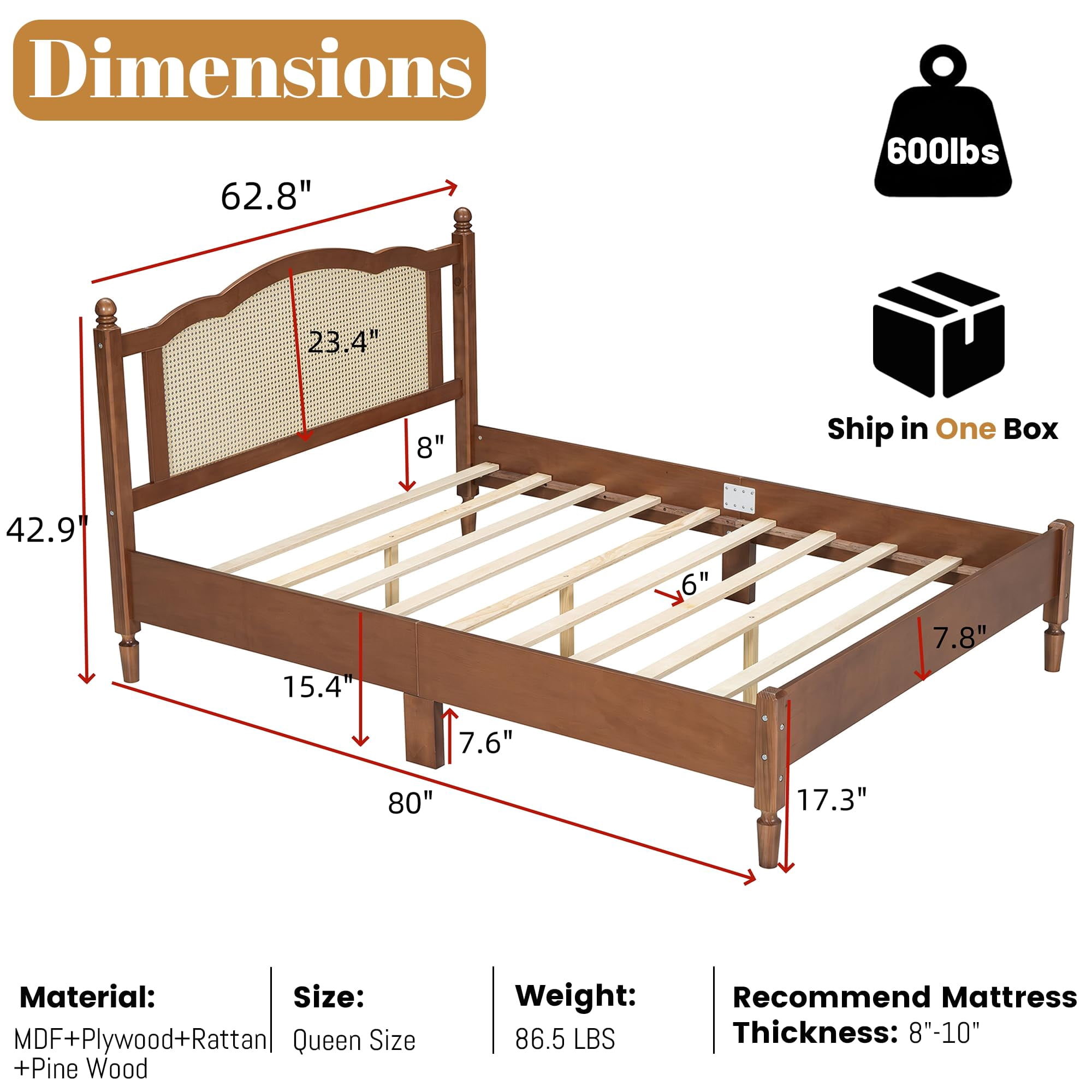 Aukfa Solid Wood Full Size Bed Frame with Natural Rattan Headboard, Walnut