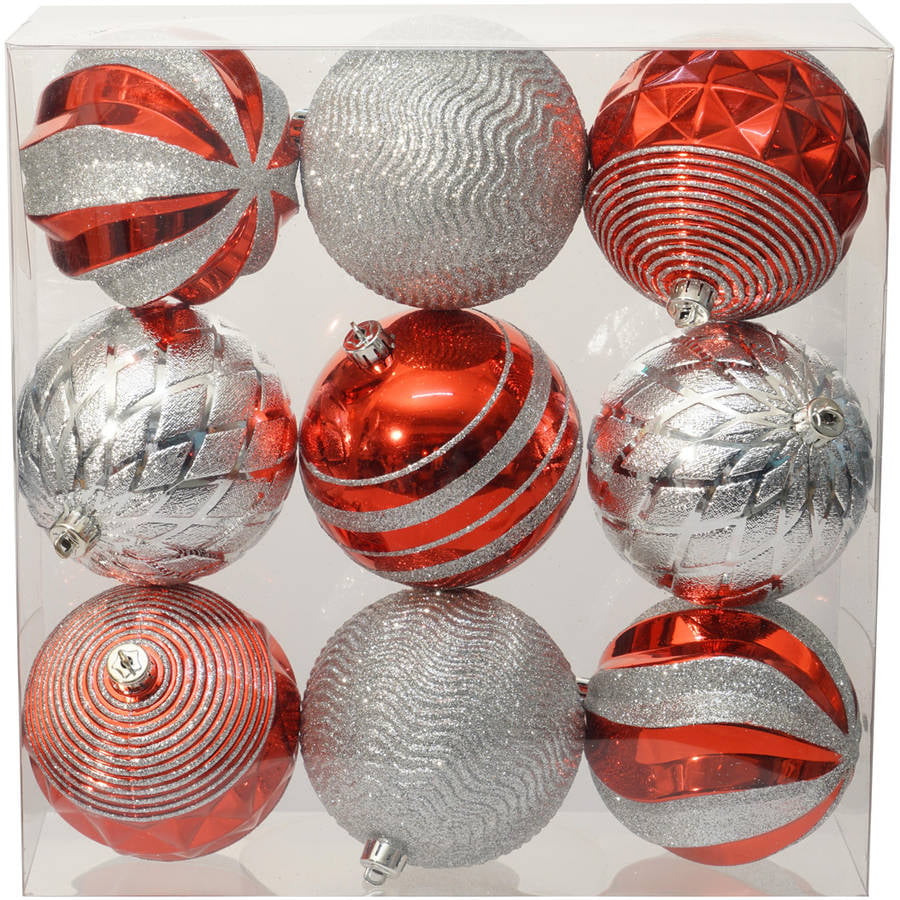 Red Sparkly Christmas Ornaments Vintage MCM Xmas Decorations Silver Tree Ornaments Set of 9 Retro Unbreakable